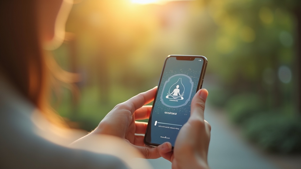 Smartphone affichant une interface d'application de méditation avec une animation de respiration guidée, fond neutre épuré