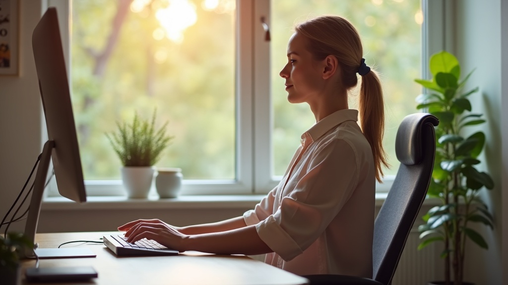 Personne assise à un bureau devant un ordinateur, adoptant une posture détendue et respirant calmement