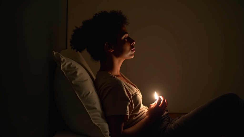 Personne allongée dans un lit sombre pratiquant une respiration lente et profonde avant de s'endormir