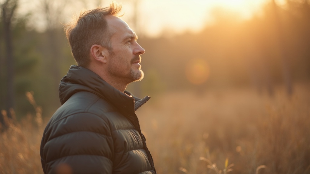 Homme pratiquant une respiration profonde en plein air dans un environnement naturel froid et lumineux