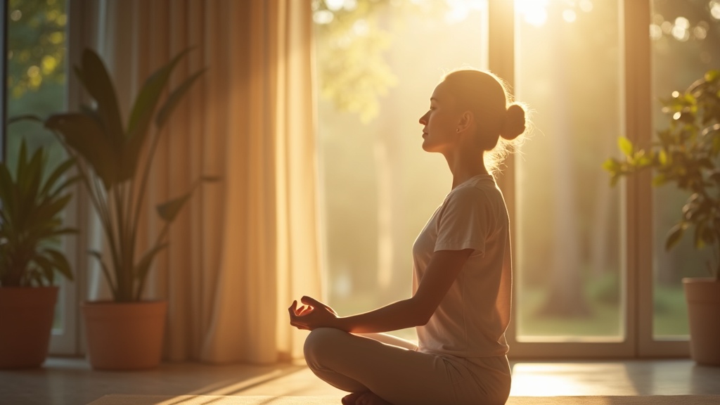 Personne pratiquant une technique de respiration consciente dans un espace calme, lumière naturelle douce